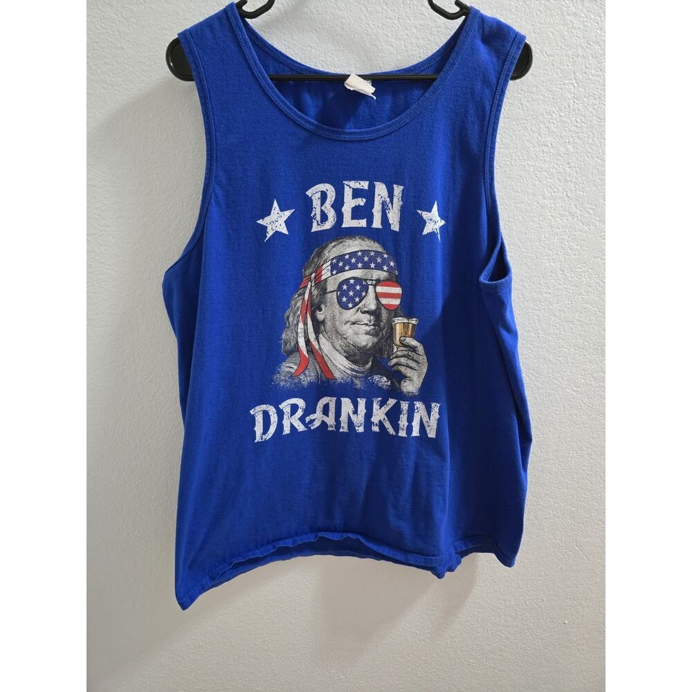 Ben Drankin Blue Ben Franklin Tank Top XL Patriotic 4th of July Drinking Shirt
